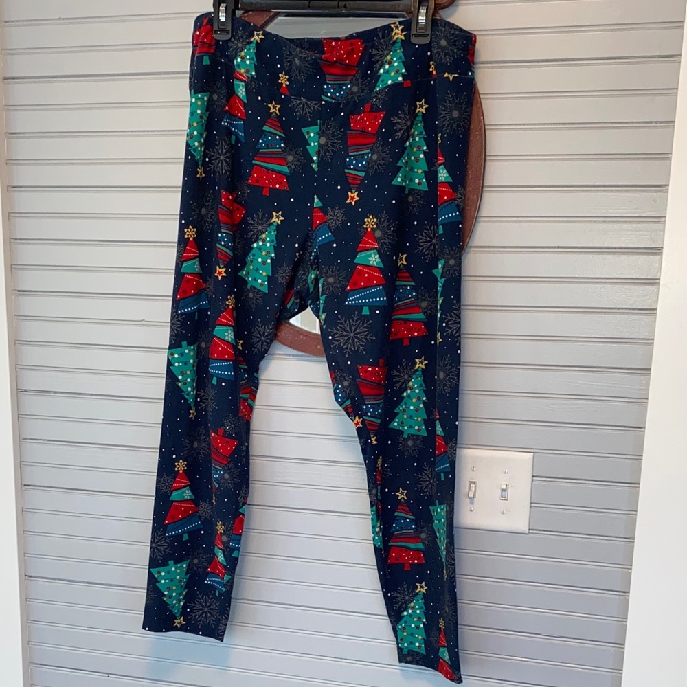 Holiday Time women’s leggings/PJ bottoms - Blue with Red and Green Trees